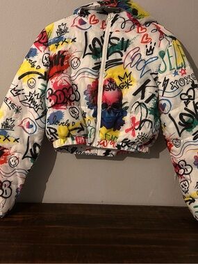 Almost Famous White Multicolor Graffiti Puffer Jacket